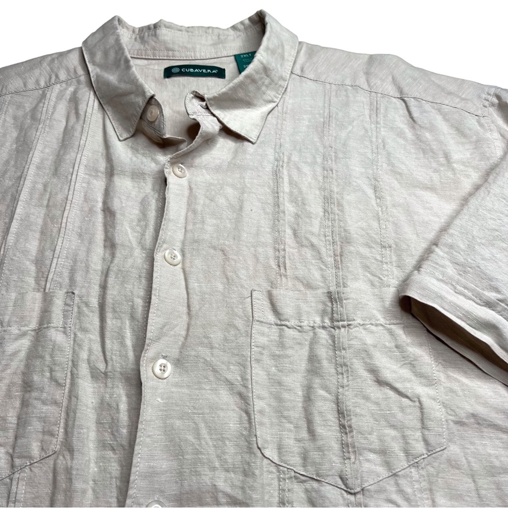 Cubavera Pintucked Linen Blend Short Sleeve Shirt Coastal Neutral Oatmeal 2LXT